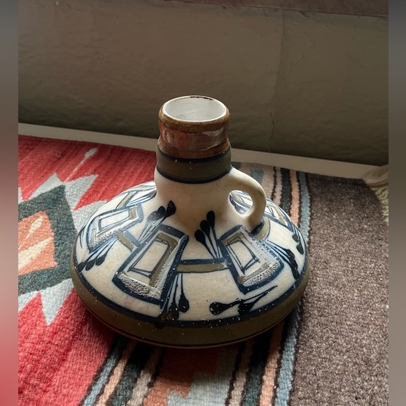 MCM Israeli Hasra Pottery Hand Painted Signed Underneath Blue White Mid century
